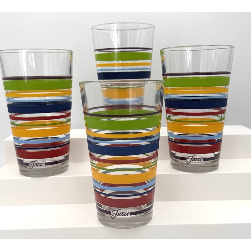 Libbey Fiestaware Tumblers Fiesta Stripes Mambo Drinking Glass 16oz Retired 4 Pc - Picture 12 of 12
